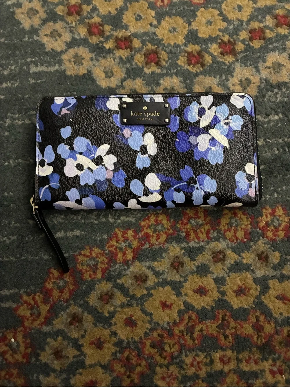 kate spade Black Floral Zip Around Wallet with Blue and White Blooms